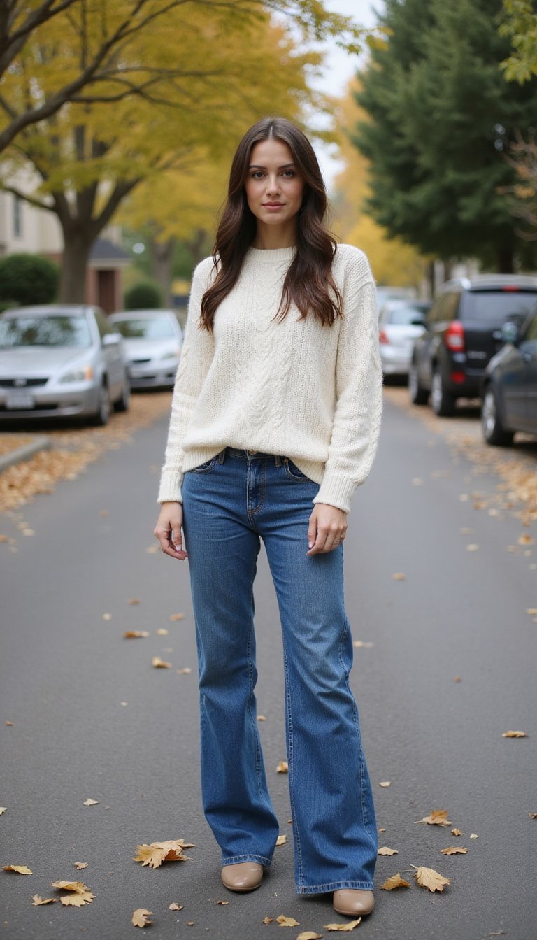 Pull Torsadé Classique Et Jeans Droits Rétro