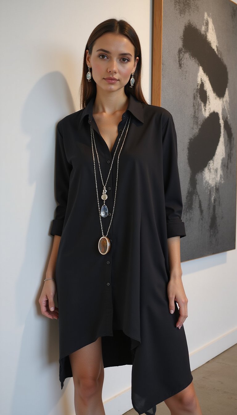 Robe Chemise Asymétrique et Sautoir Stylé