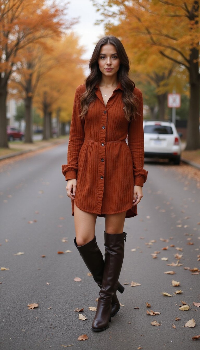 Robe Chemise Côtelée Douce et Bottes Hautes