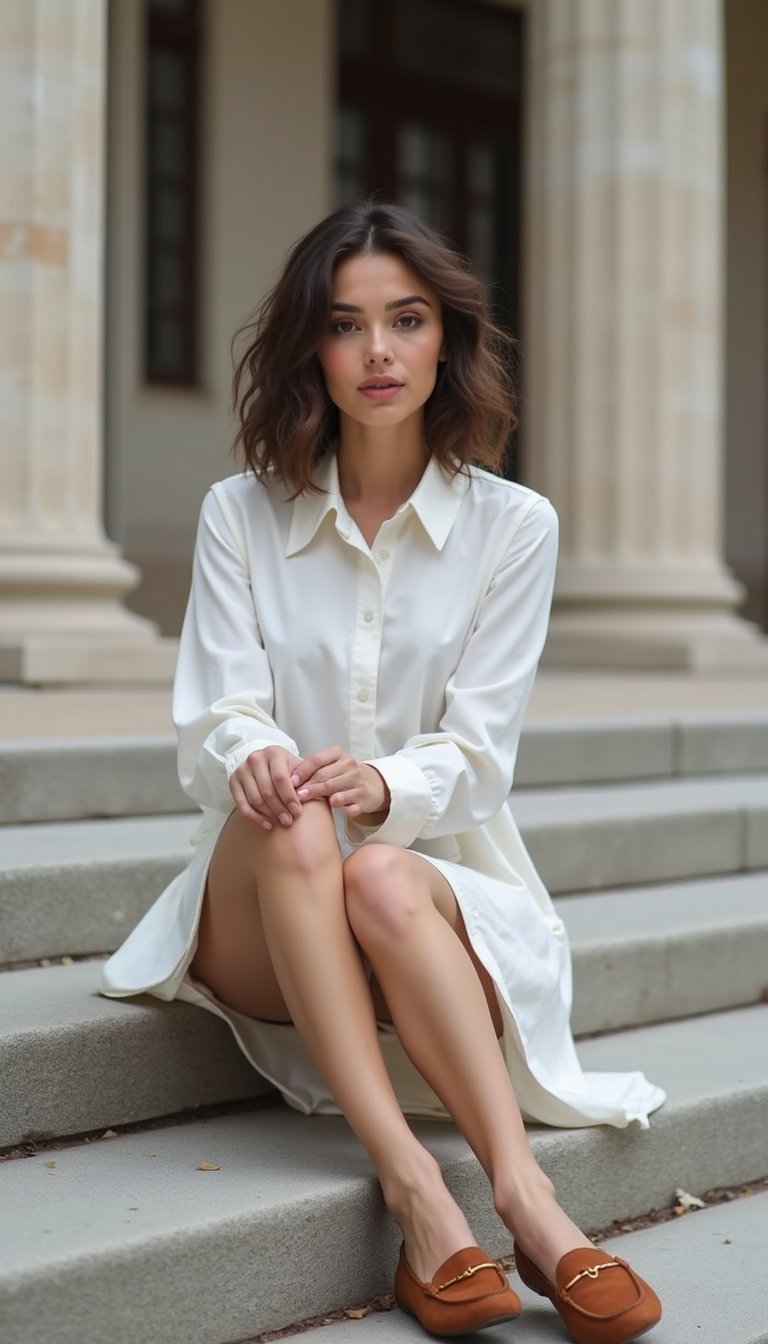 Robe Chemise Col Claudine et Mocassins