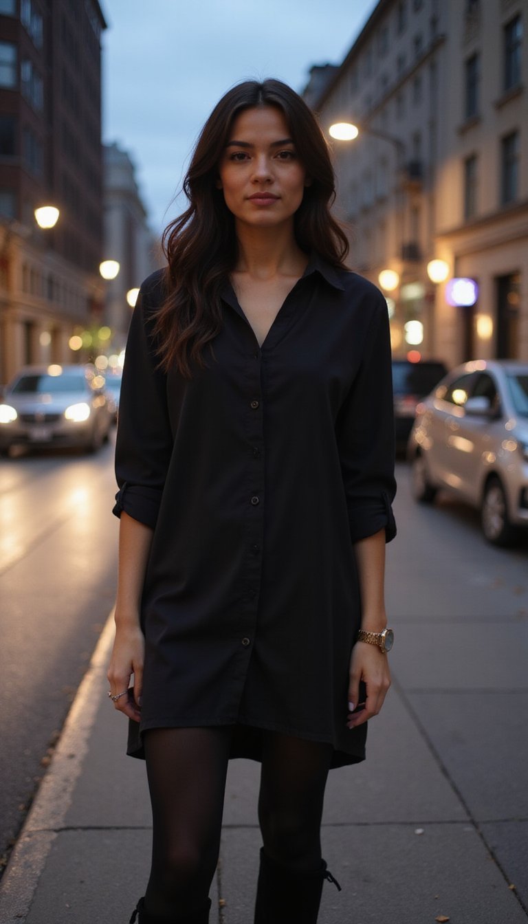 Robe Chemise Noire Avec Collants Opaques