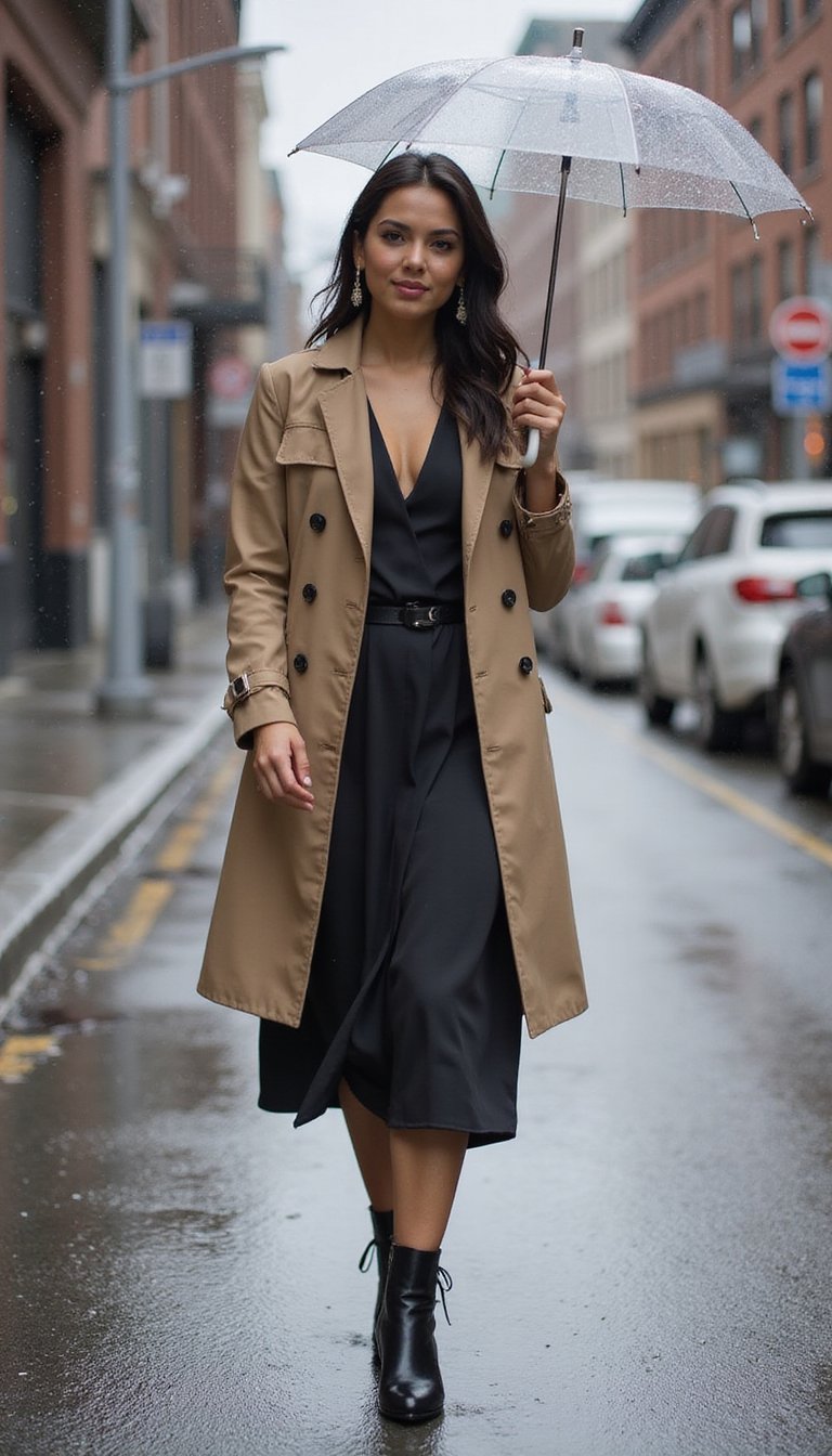 Robe Portefeuille Et Trench Pour Journée Pluvieuse Chic