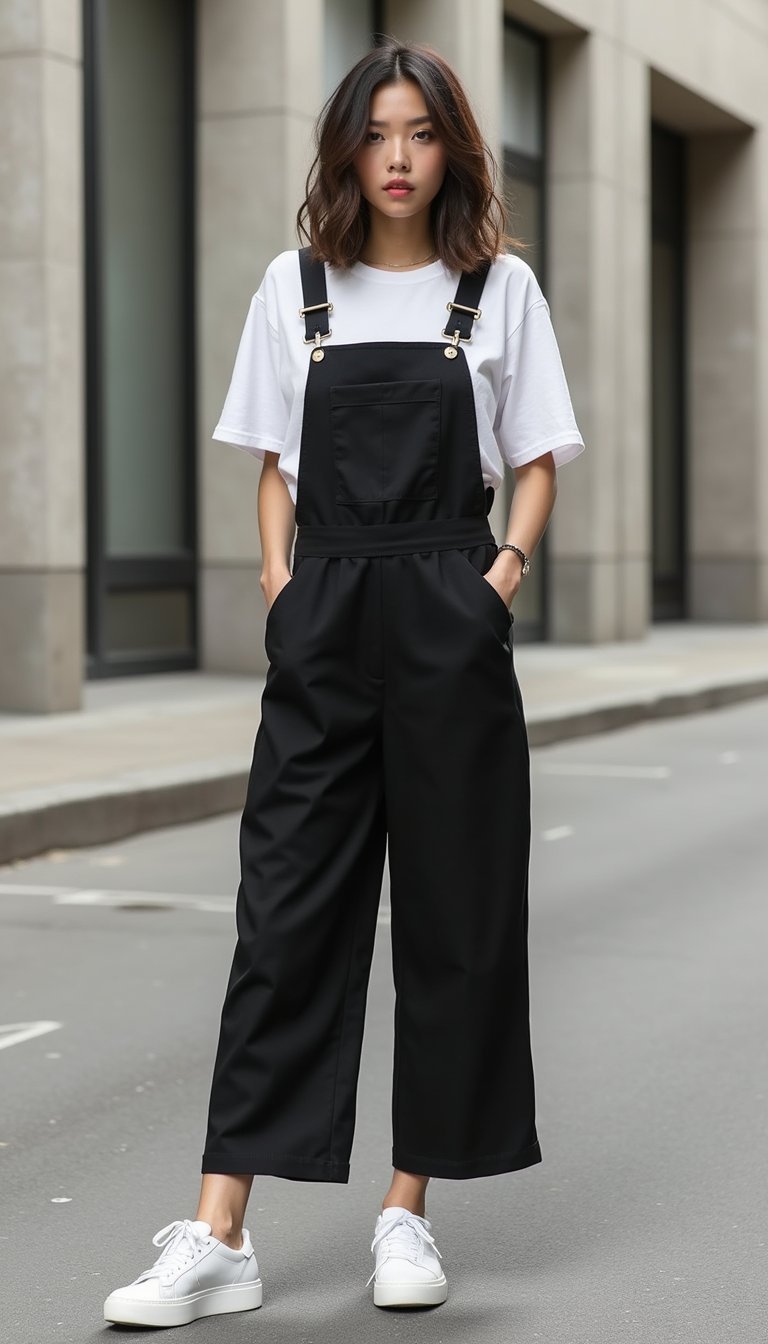 Salopette Large Noir Et Tee Blanc Minimal