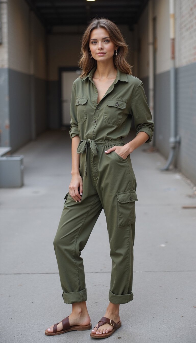 Combinaison Utility Légère Et Sandales Minimalistes Urbaines