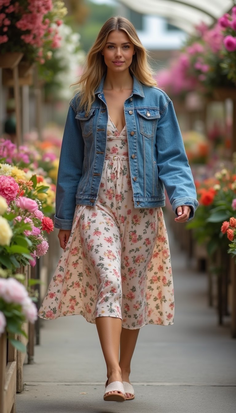 Denim Jacket Et Robe Fleurie Avec Sandales Minimalistes