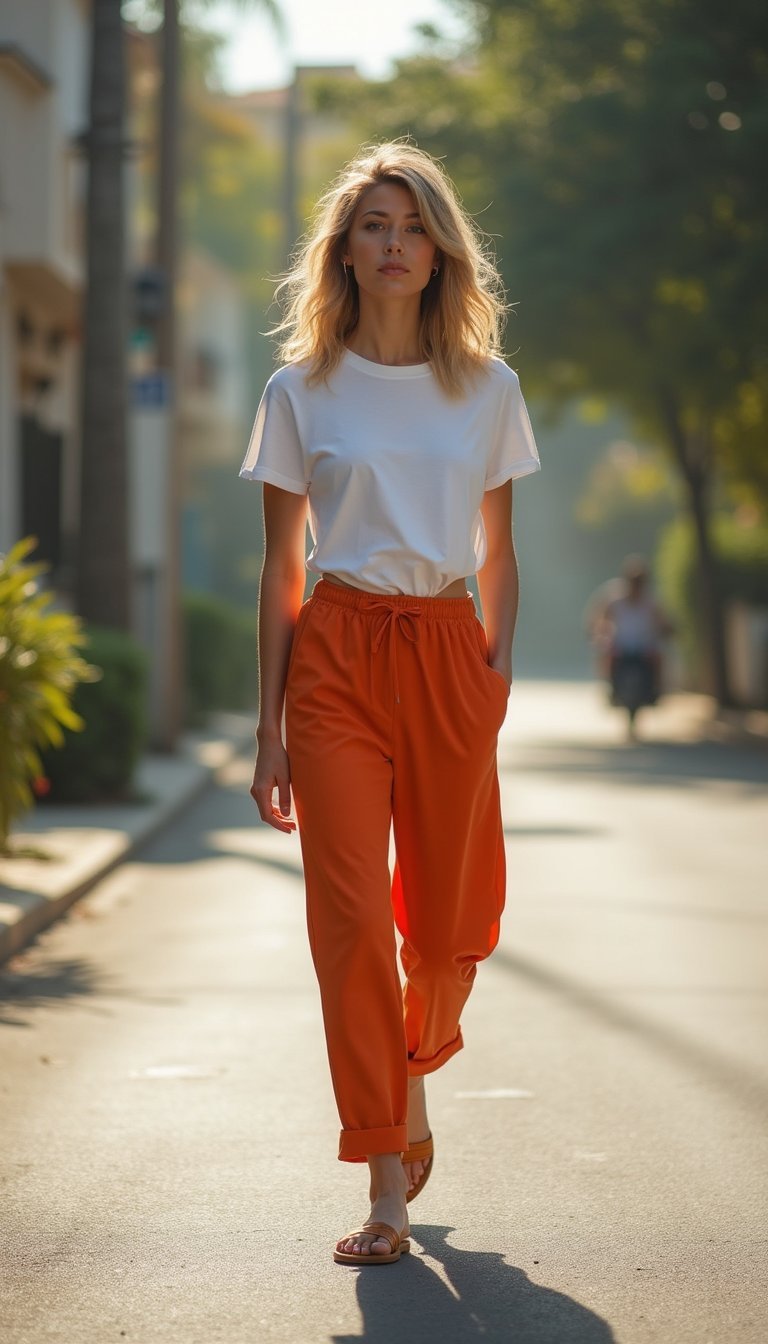 Pantalon Carotte Et T-shirt Blanc Avec Sandales Minimalistes