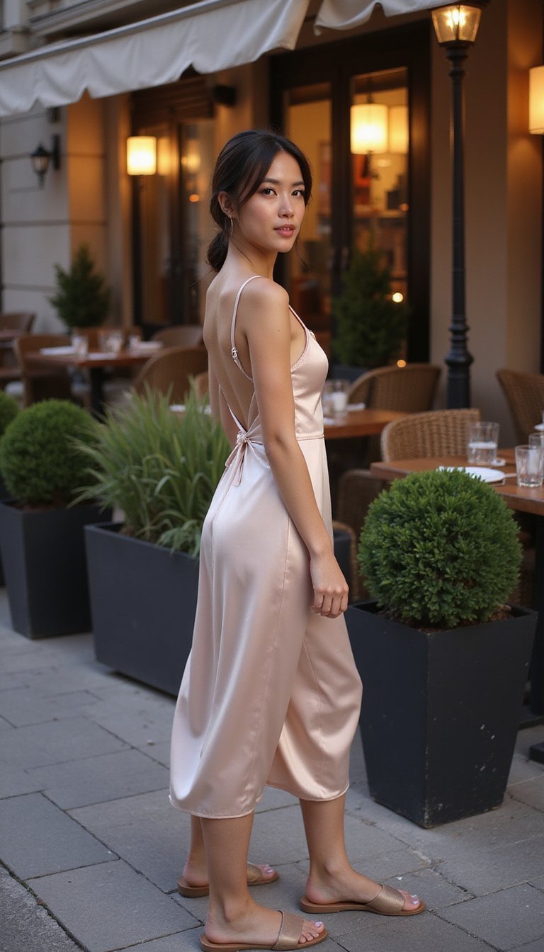 Robe Slip En Soie Et Sandales Minimalistes Élégantes