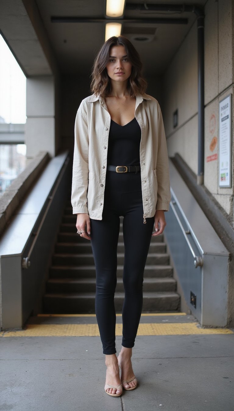 Sporty Chic Legging Noir Et Sandales Minimalistes Subtiles