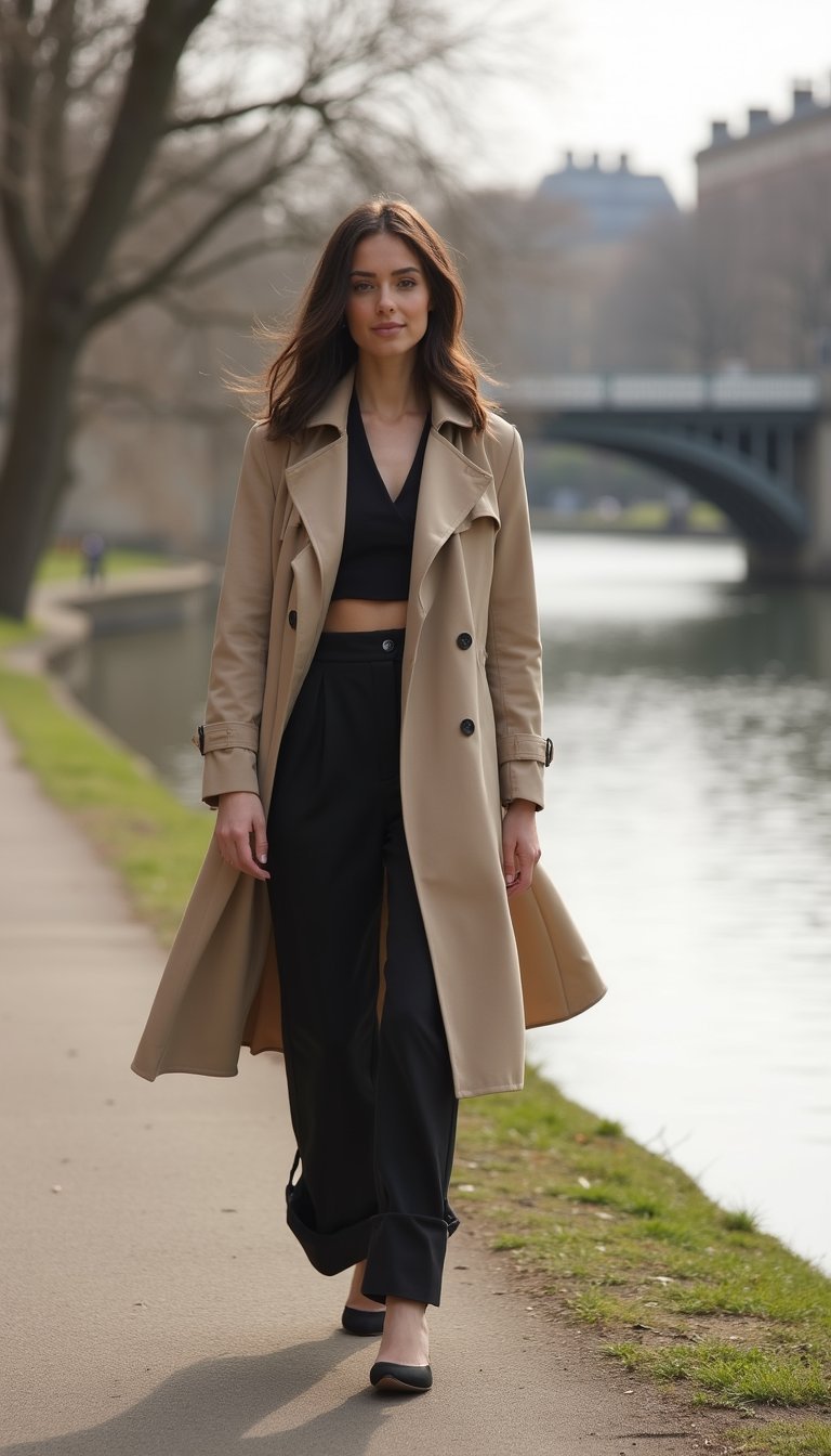 Trench Classique Avec Pantalon Large Taille Haute