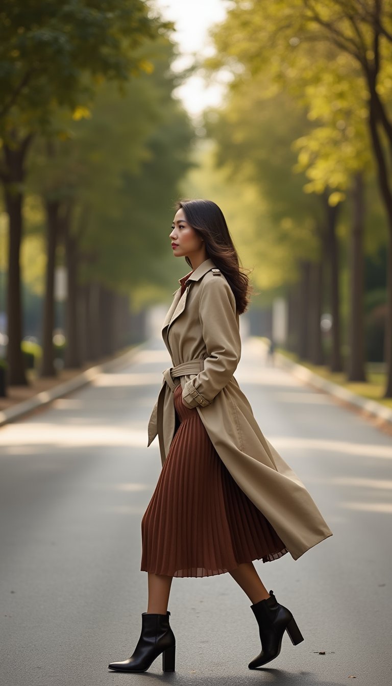 Trench Et Jupe Plissée Pour Élégance Quotidienne