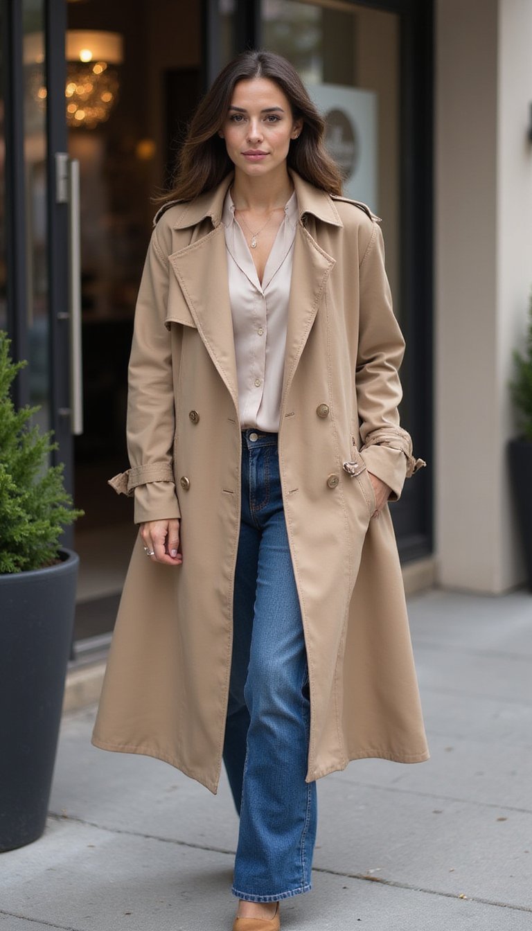 Trench Sur Chemisier Soie Et Jean Taille Haute