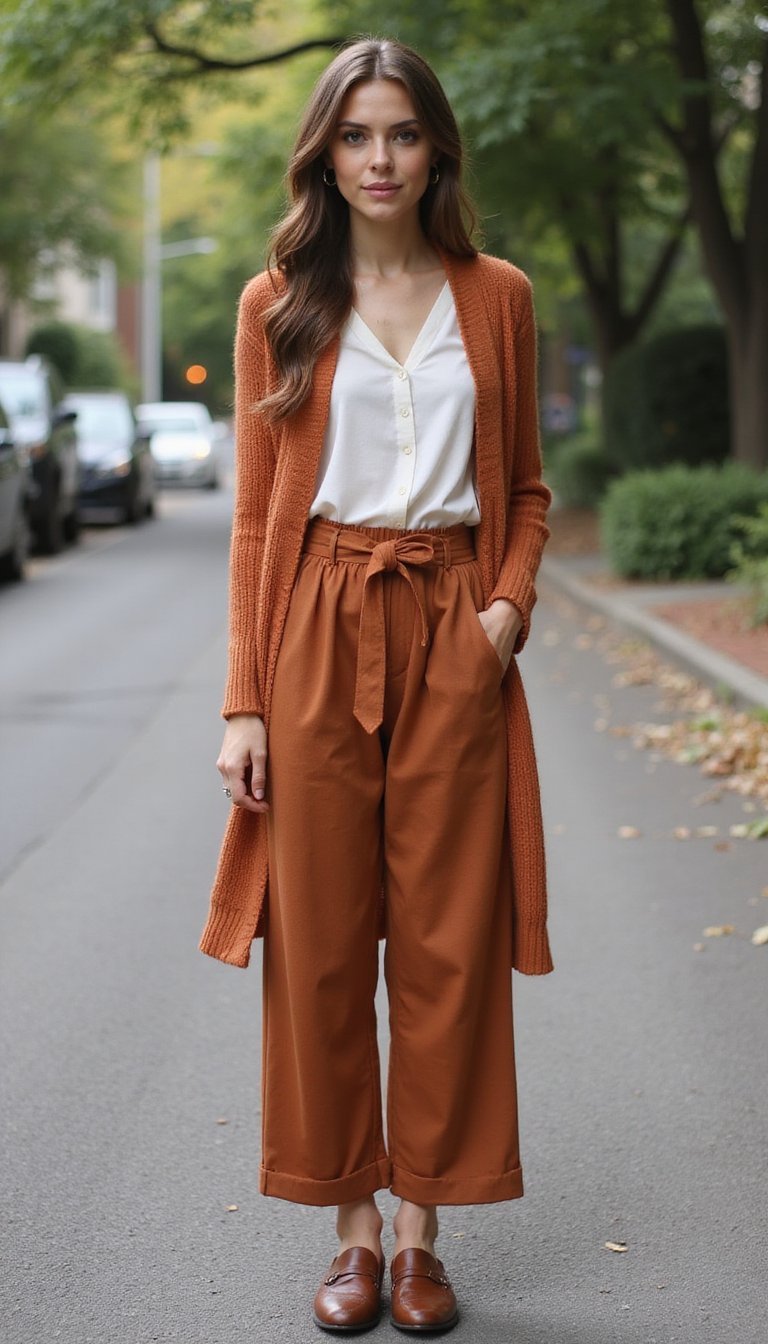 Cardigan Long Ceinturé Et Pantalon Paperbag
