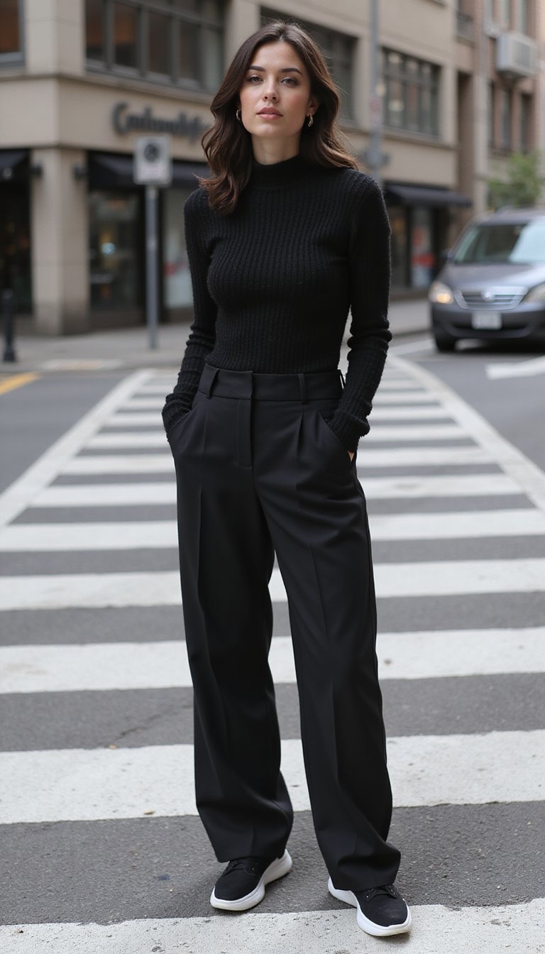 Look Monochrome Noir Avec Sneakers Modernes