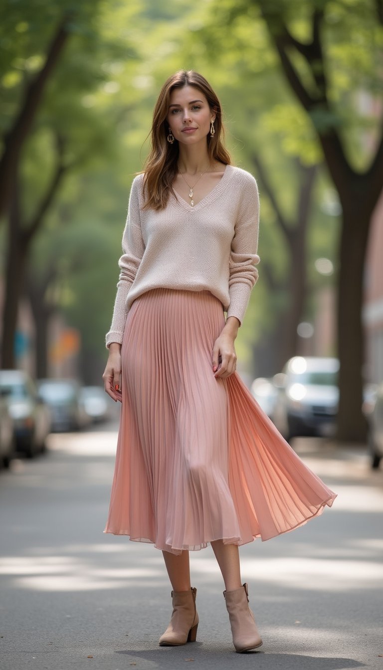 Pull Maille Fine Et Jupe Plissée Midi