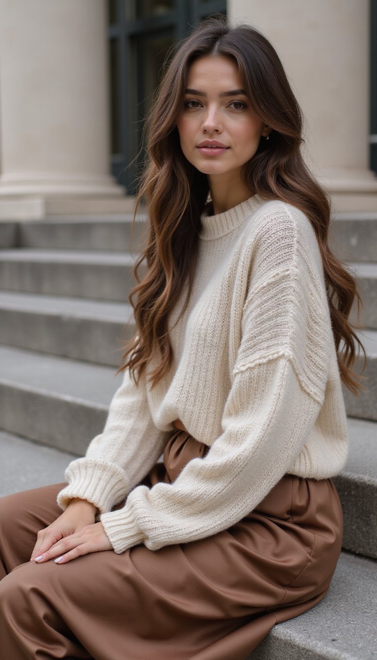 Jupe Satinée Midi Et Pull Chunky
