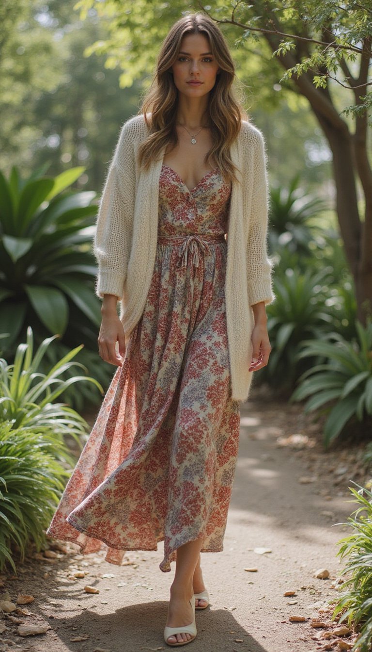 Robe Fluide Imprimée Avec Cardigan Maille