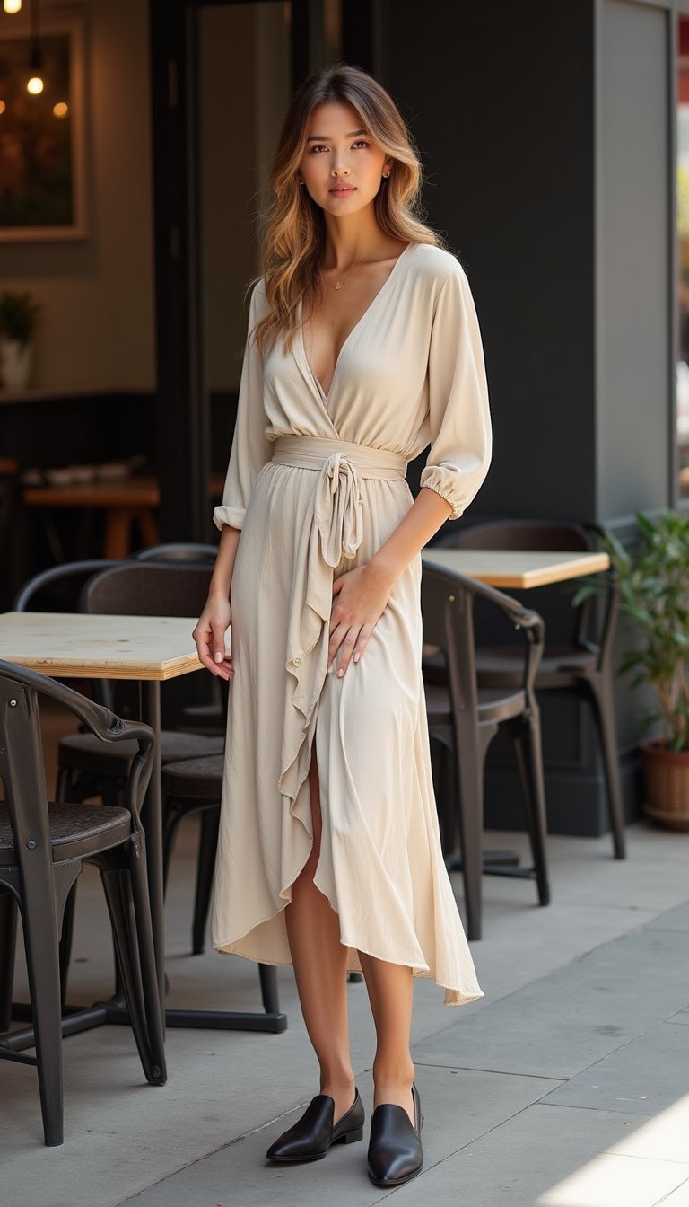 Robe Midi Portefeuille Et Mocassins Modernes