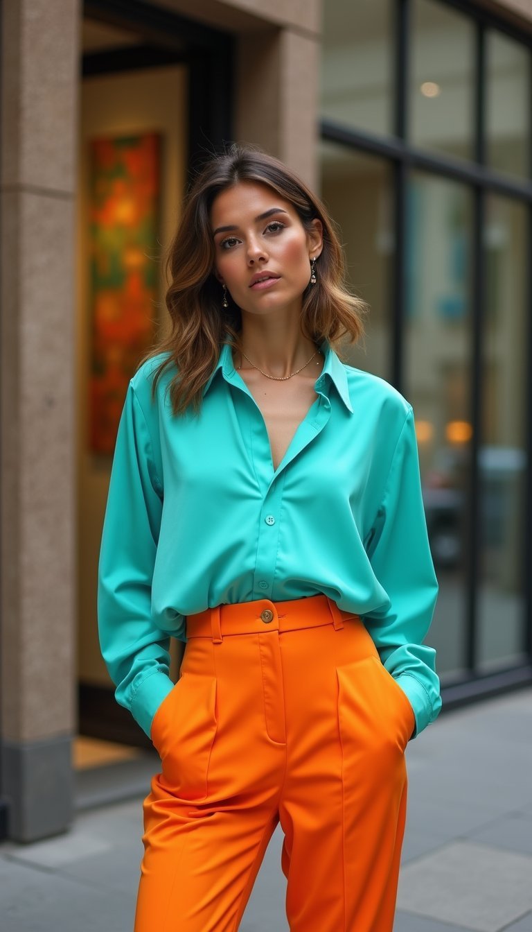 Chemisier Oversize Turquoise Avec Pantalon Orange