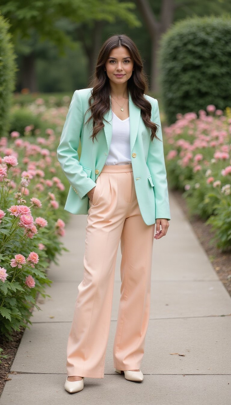 Costume Tailleur Pastel Mint Et Pêche Doux