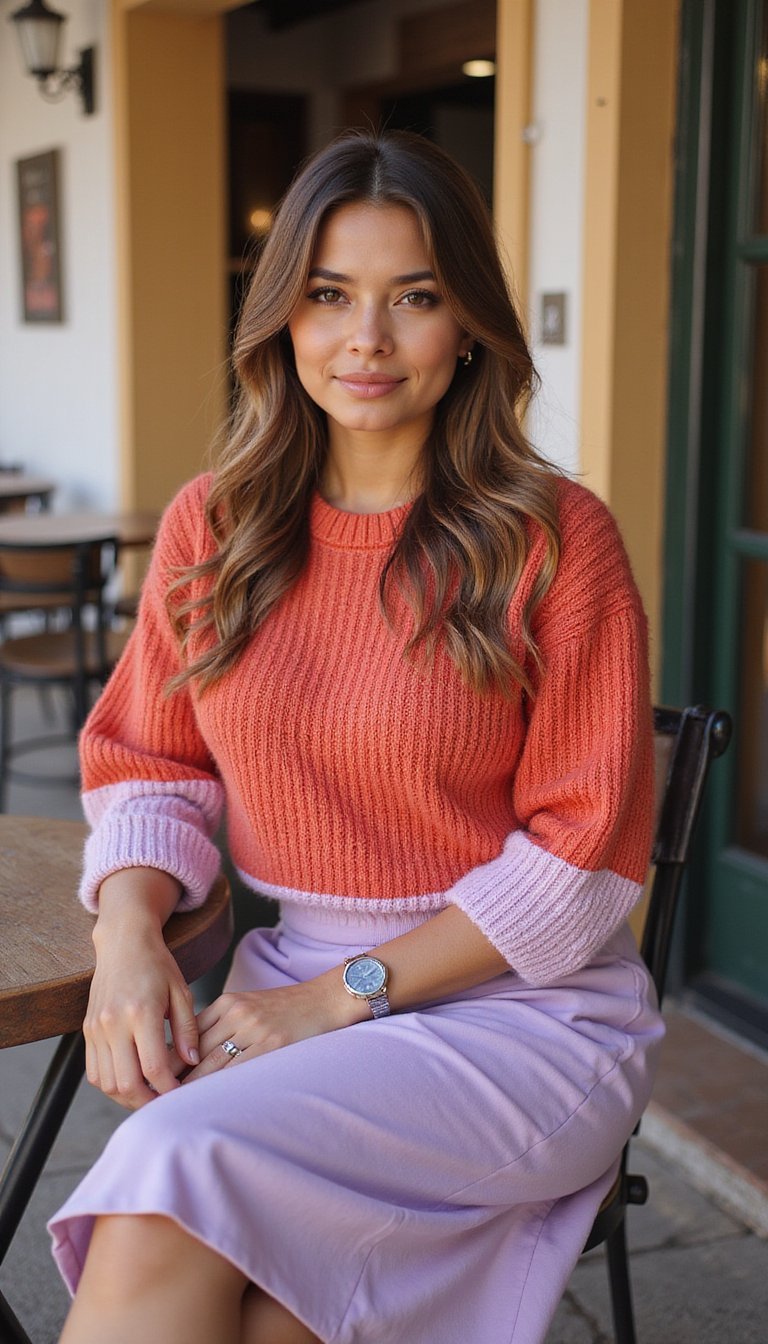 Ensemble Co-Ord Tricot Corail Et Lilas Doux