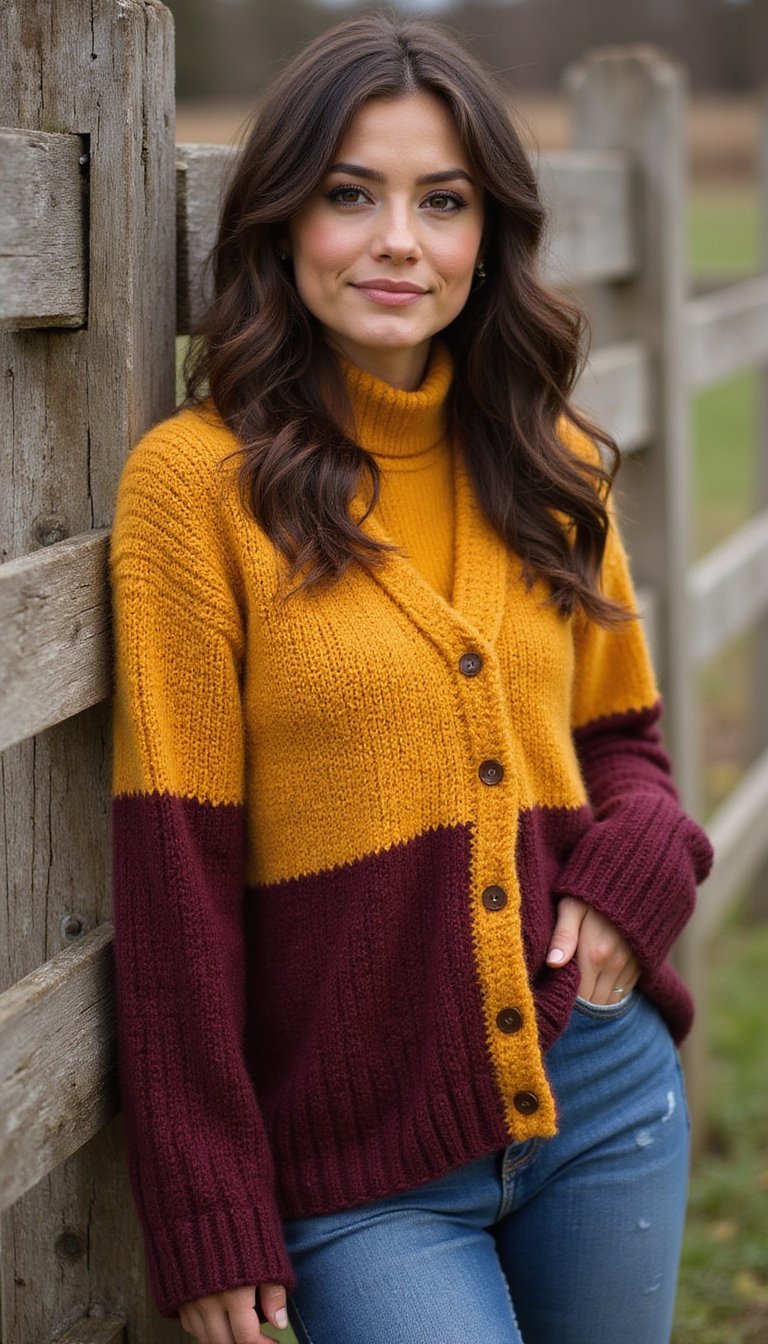 Gilet Maille Jaune Moutarde Et Bordeaux Contrasté