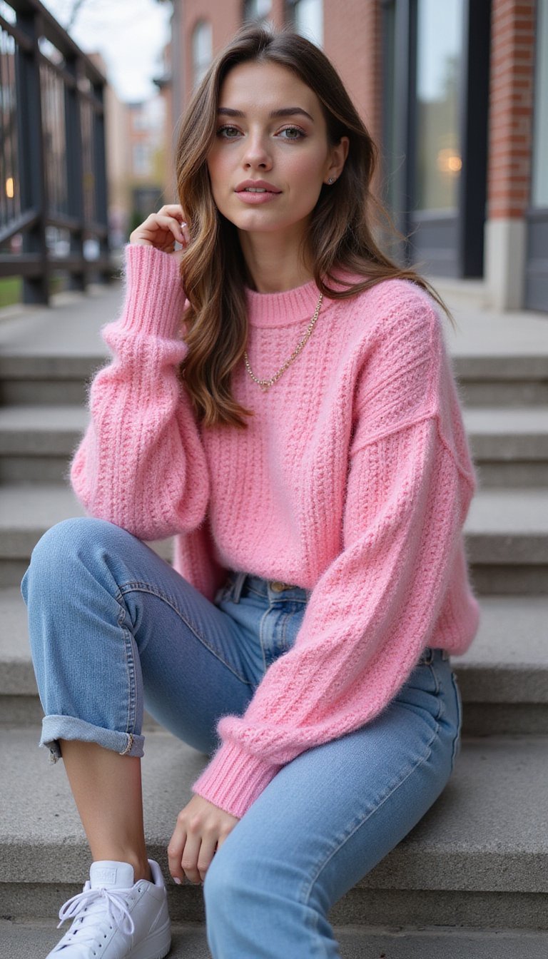 Pull Chunky Rose Bonbon Avec Jean Brut