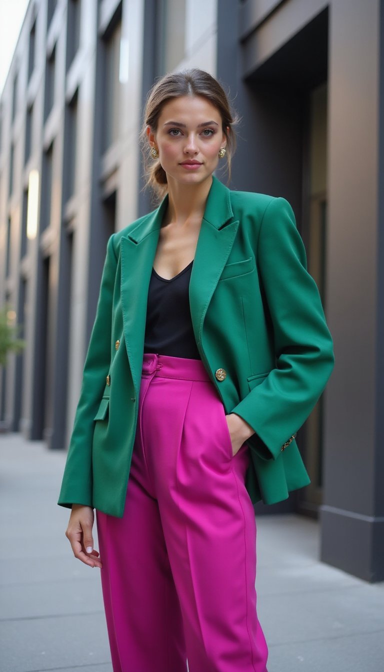 Tailleur Pantalon Deux Tons Vert Et Magenta