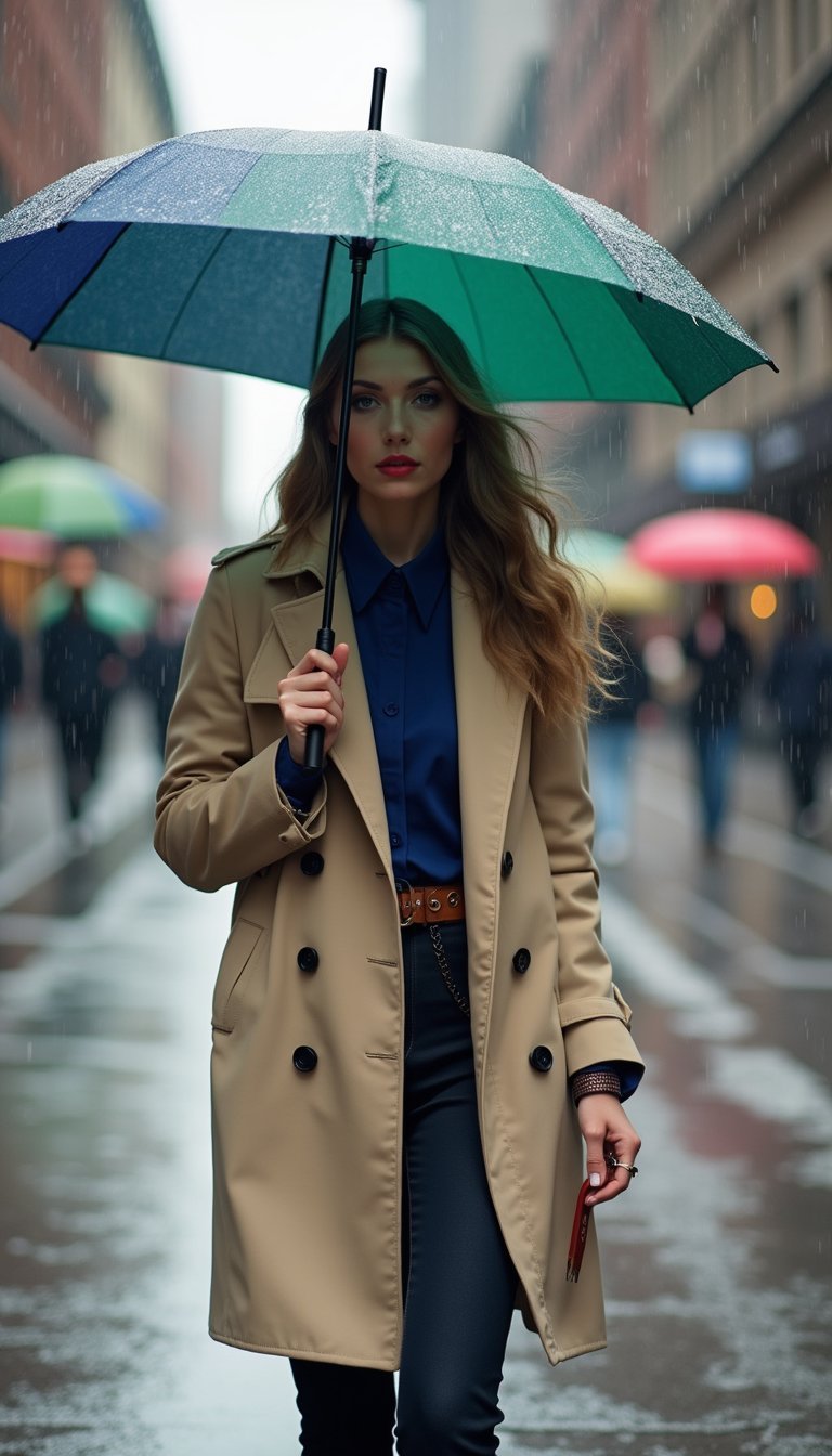 Trench Beige Avec Panneaux Bleu Et Vert