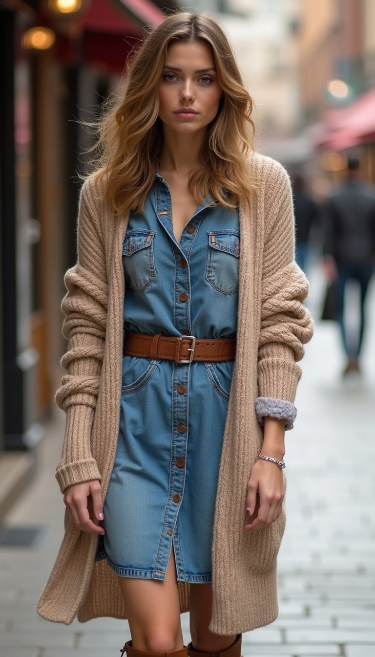 Cardigan Ceinturé Et Robe Chemise En Denim