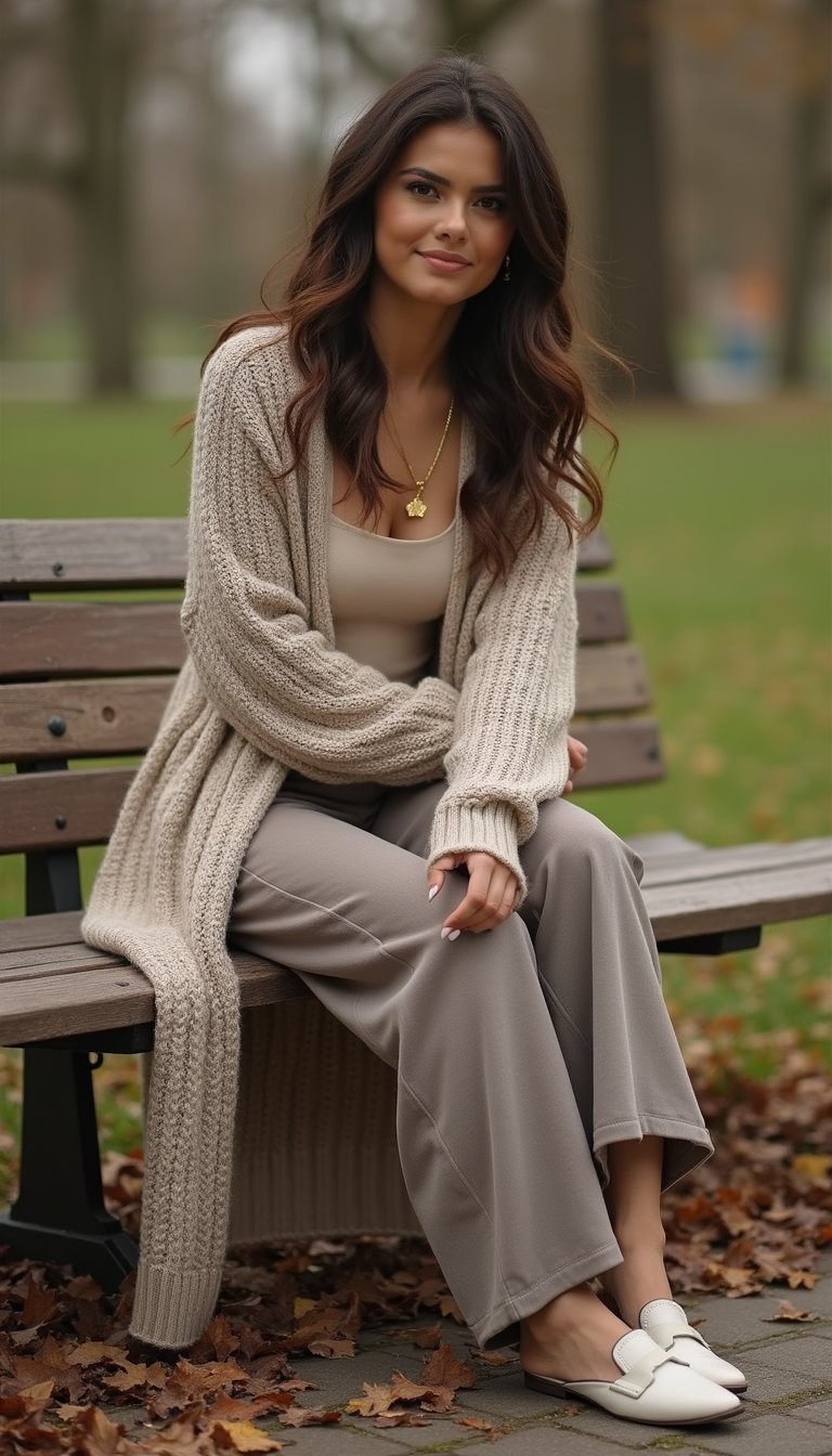 Cardigan Long Maille Et Pantalon Large Taille Haute