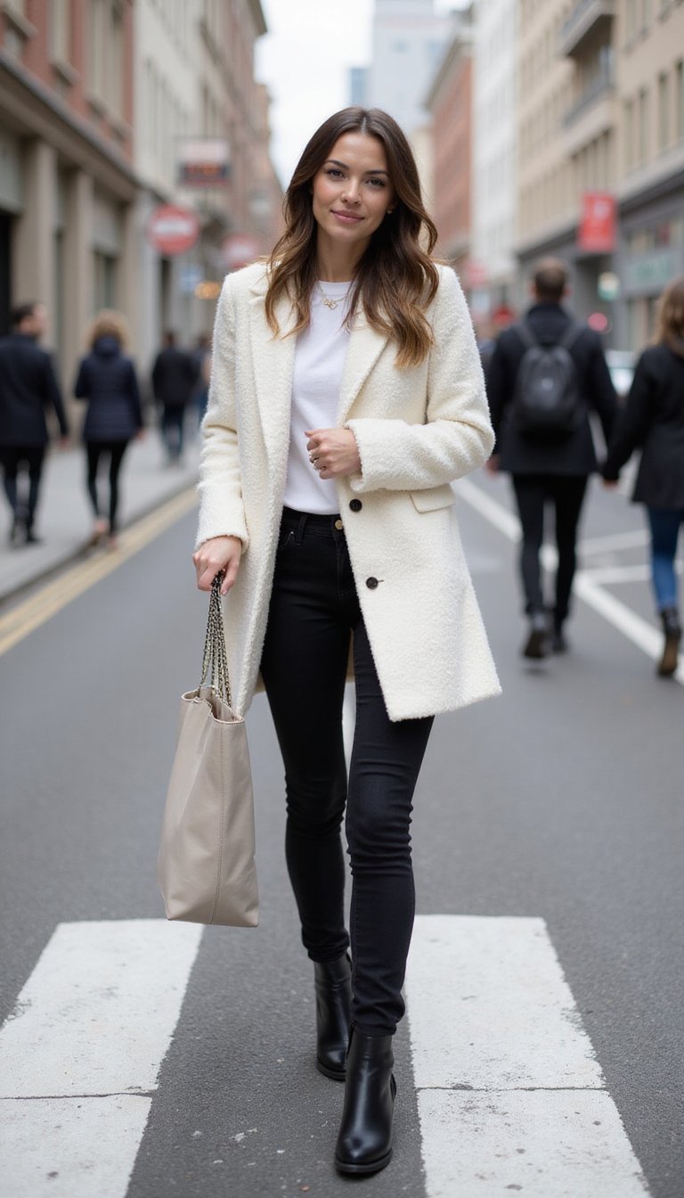 Manteau Bouclé Ivoire Et Jeans Noir Effilé