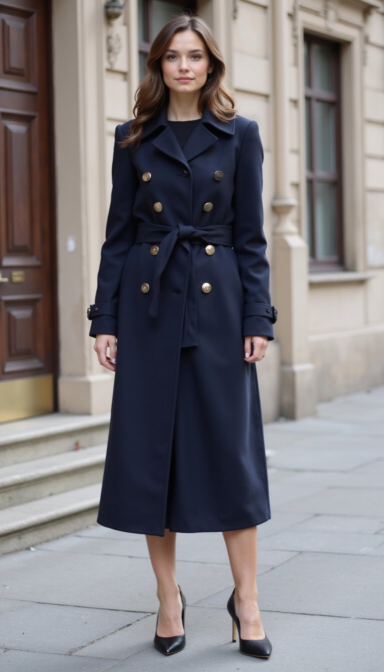 Manteau Double Boutonnage Marine Et Robe Droite