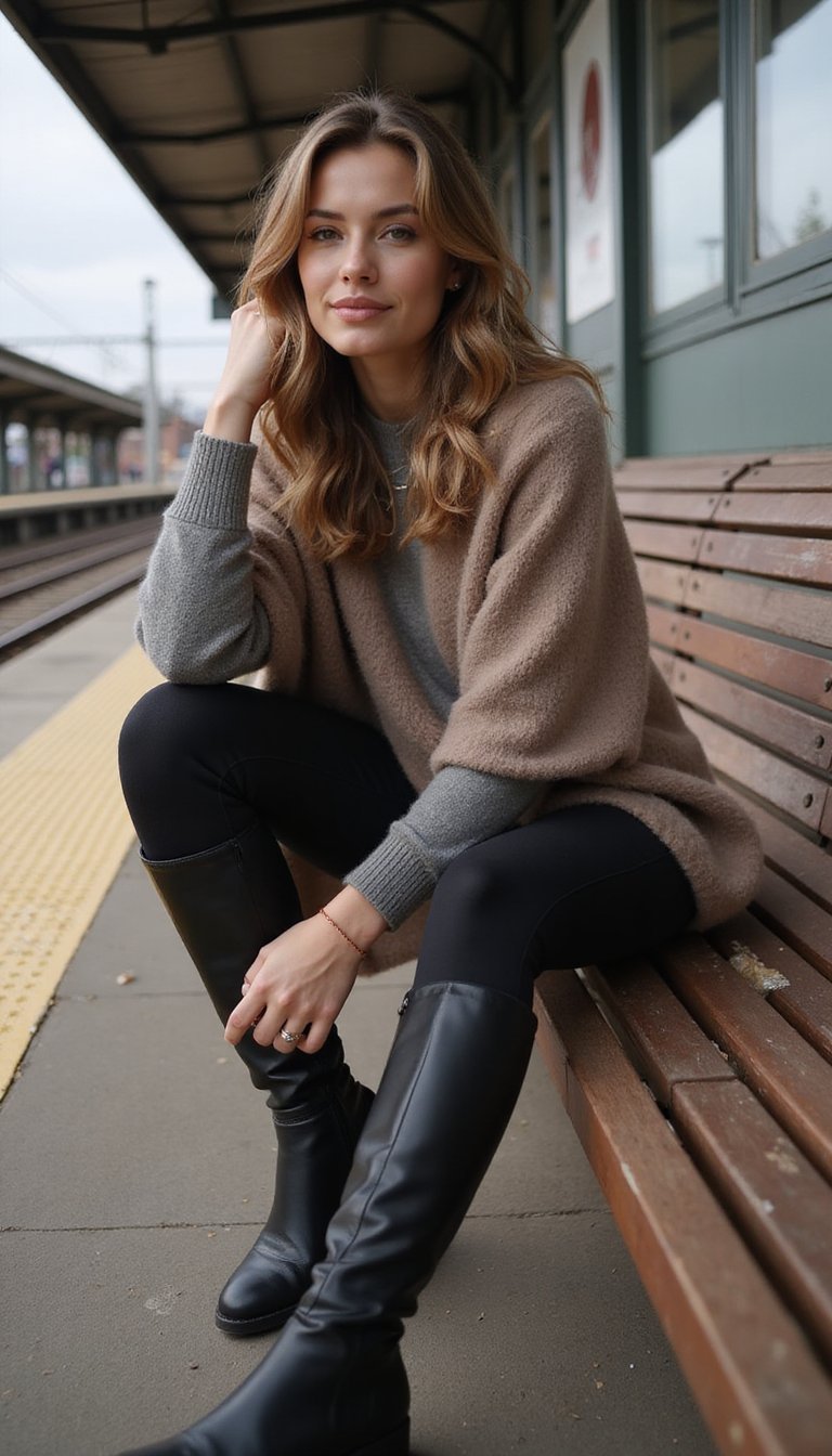 Poncho Laineux Et Leggings Simples Noir