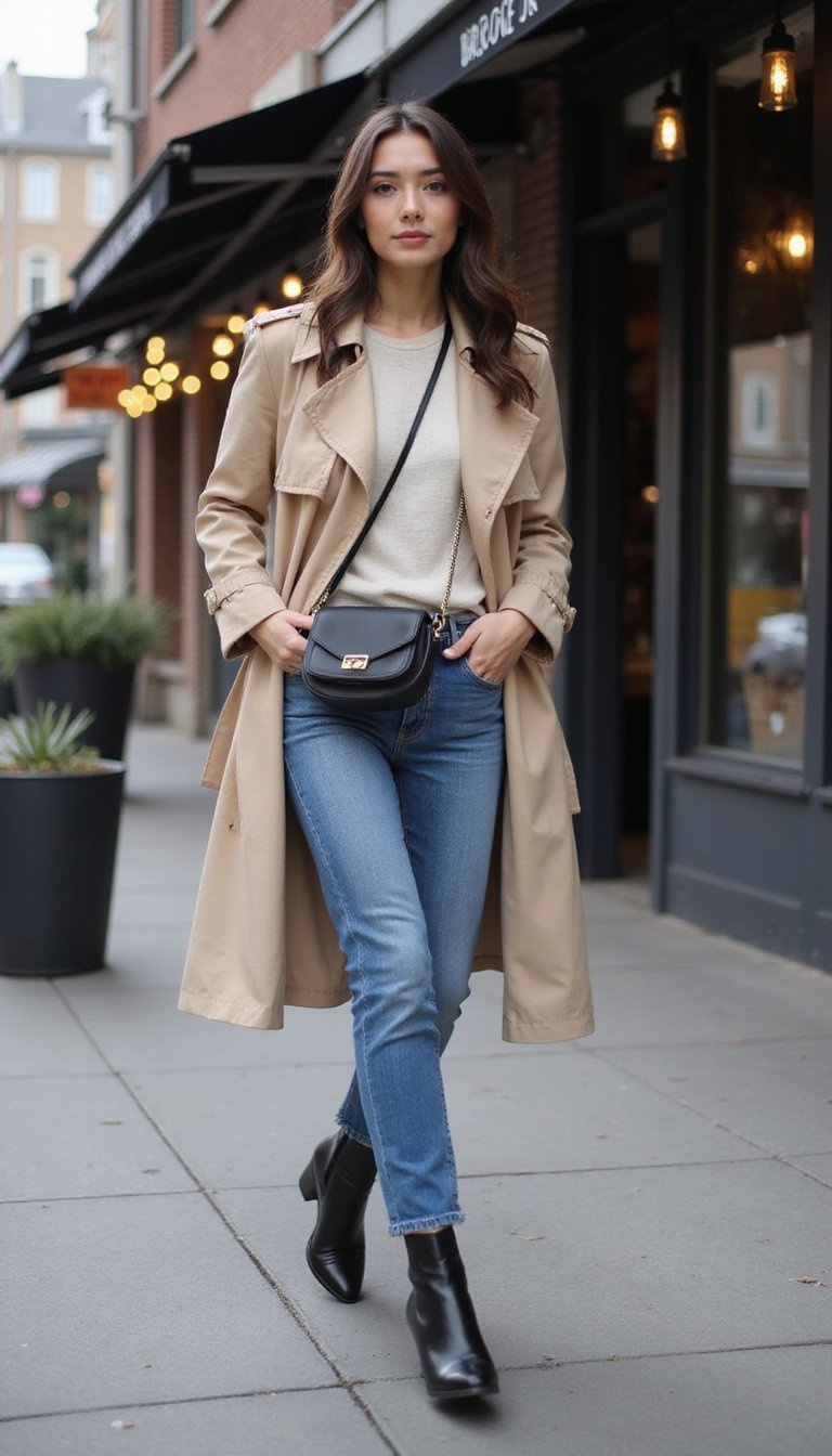 Trench Beige Classique Avec Jean Droit