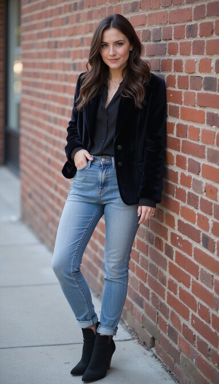 Veste Velours Sombre Et Jeans Taille Haute Délavé