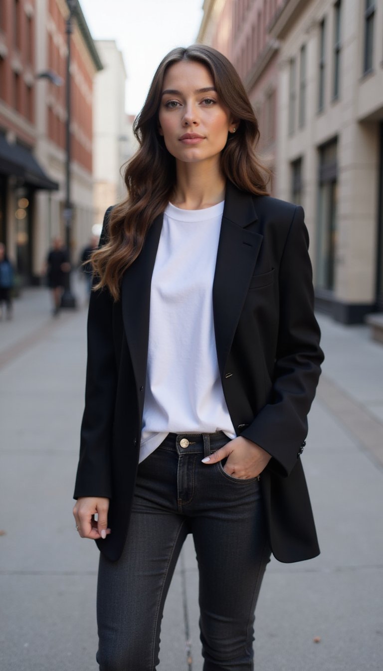 Blazer Noir Oversize Et Jean Sombre Chic