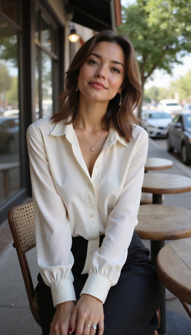 Chemisier Soie Ivoire Et Jupe Crayon Noire