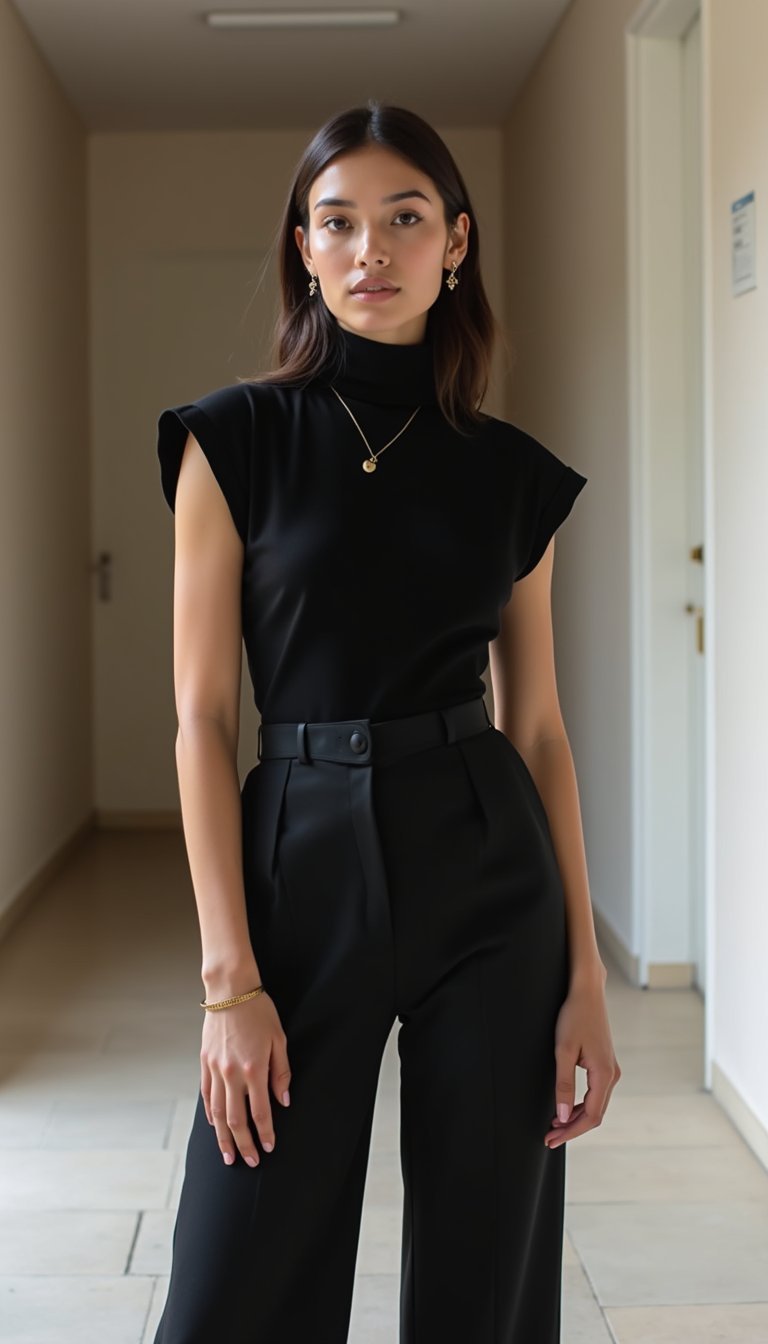 Ensemble Noir Minimaliste Avec Bijoux Discrets