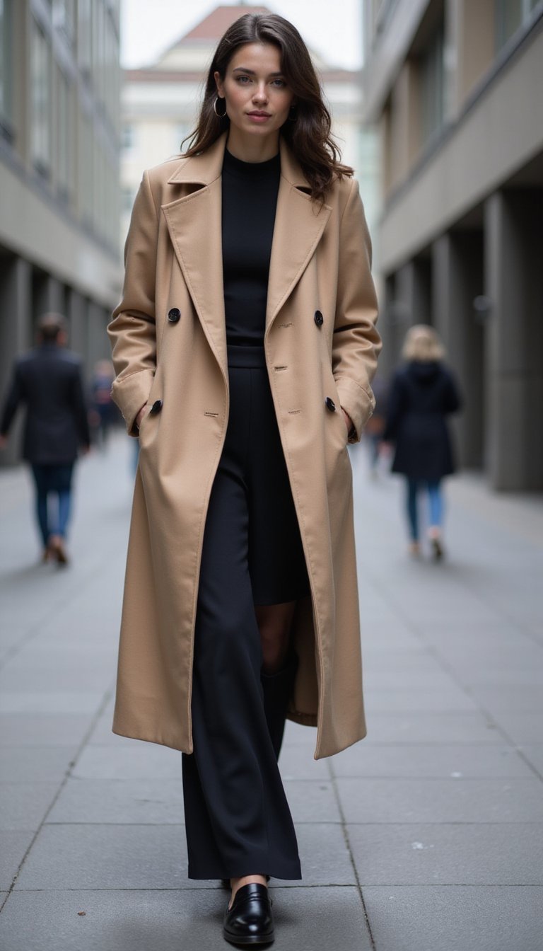 Manteau Long Structuré Et Robe Simple Contrastée