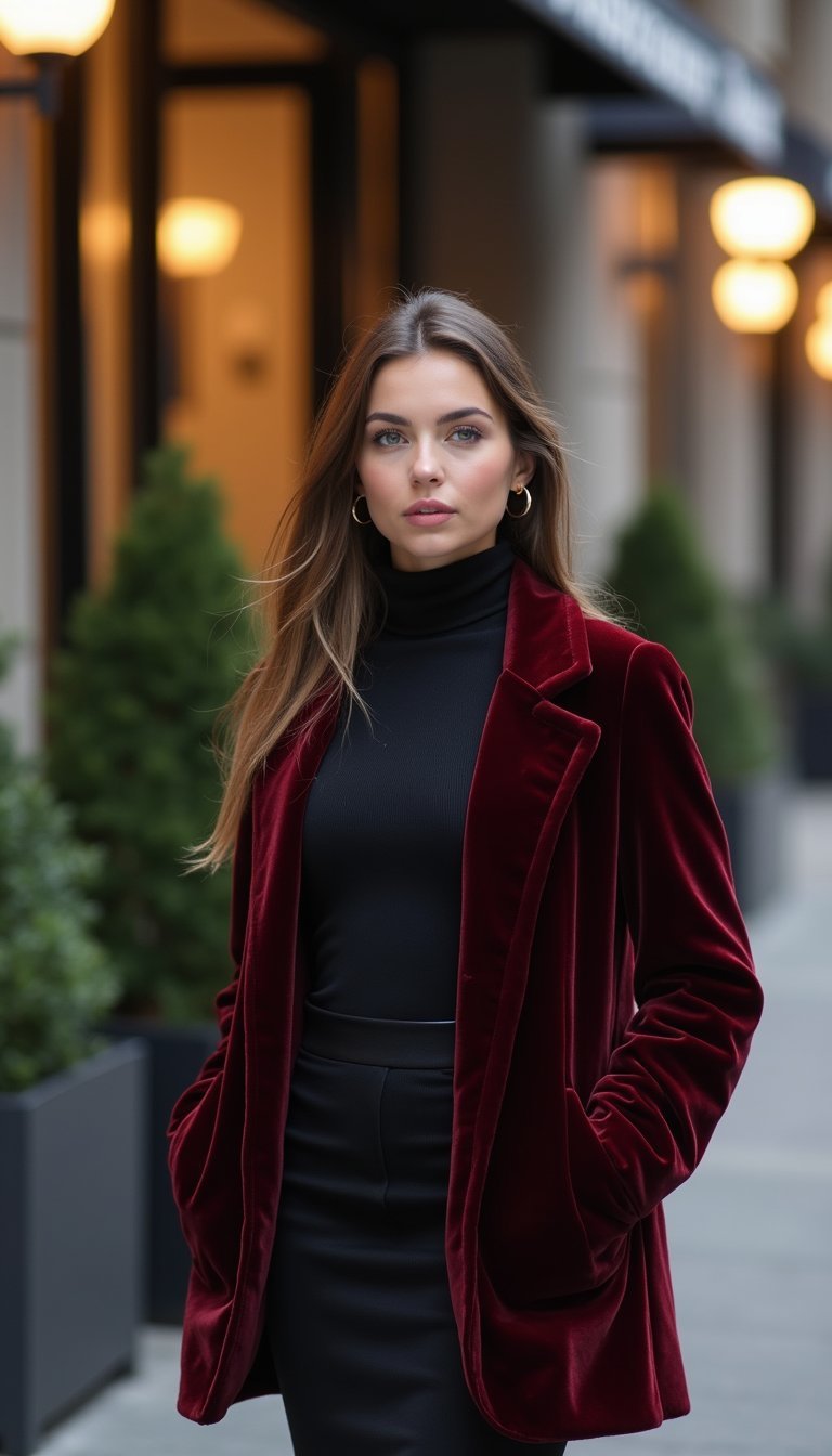 Blazer Velours, Col Roulé Et Jupe Crayon