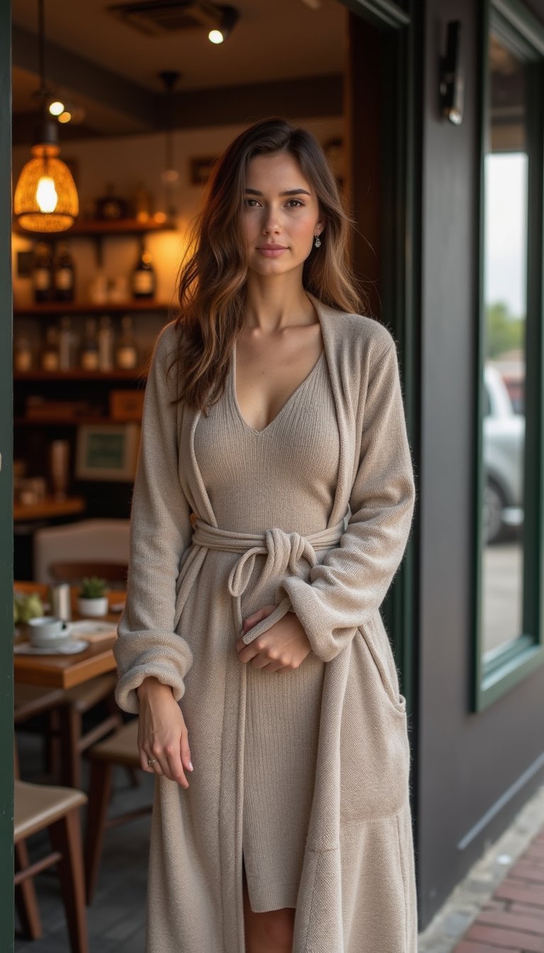 Cardigan Long Ceinturé Sur Robe Midi