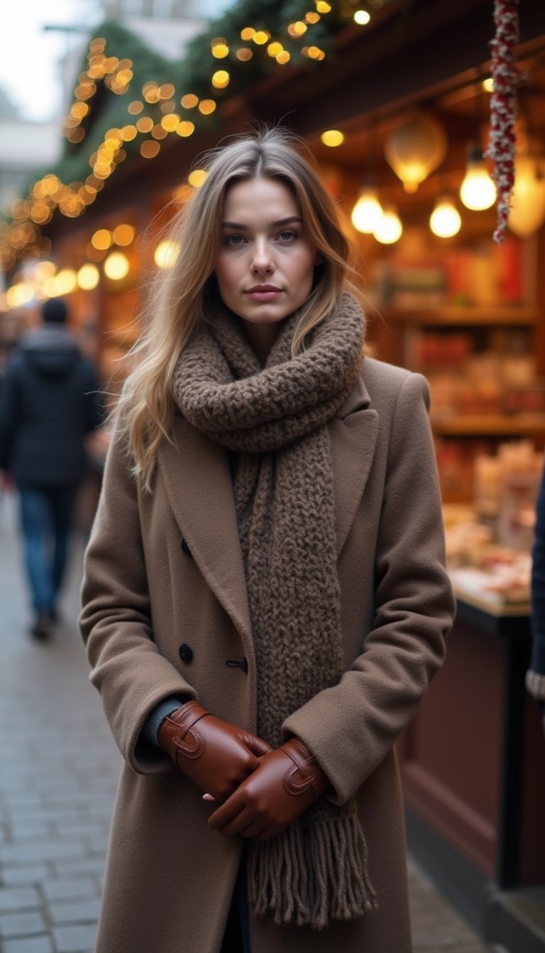 Écharpe XXL, Manteau Long Et Gants Cuir