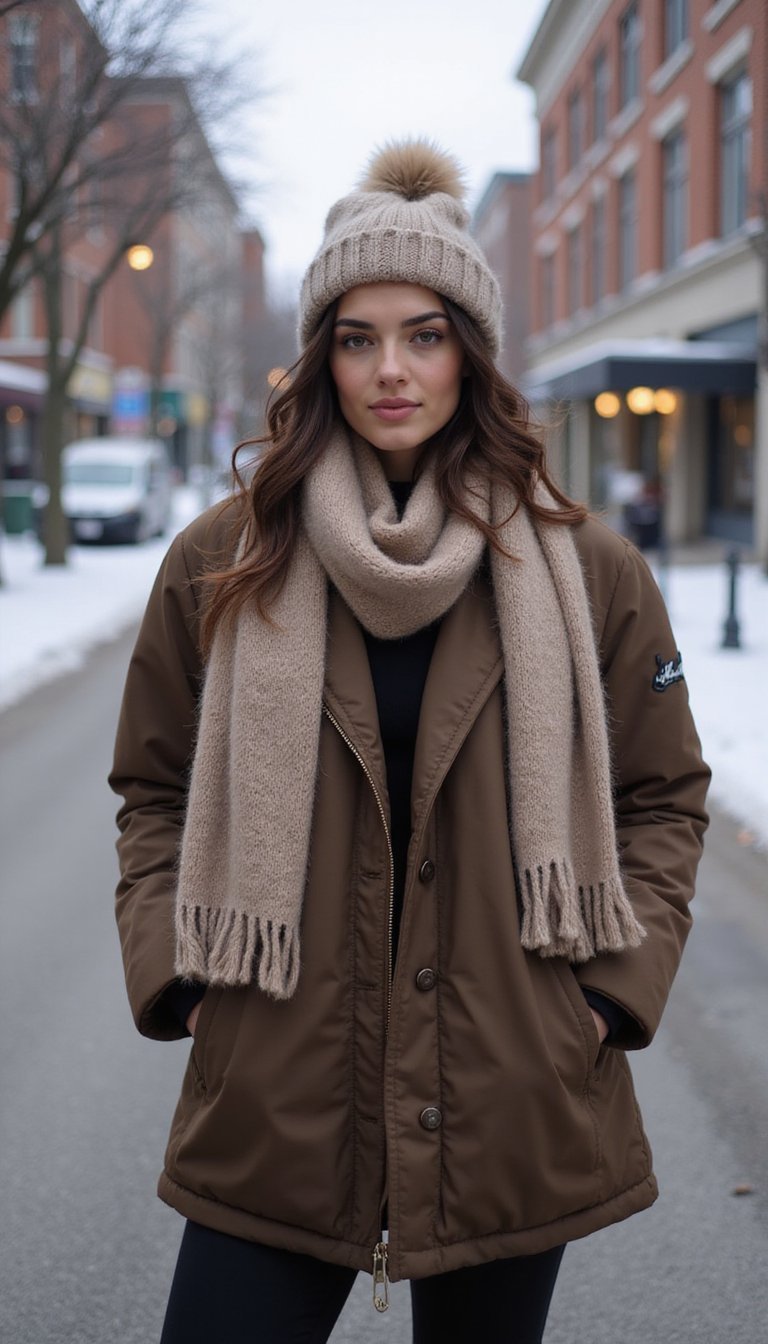 Doudoune Courte, Bonnet Tricot Et Écharpe Oversize
