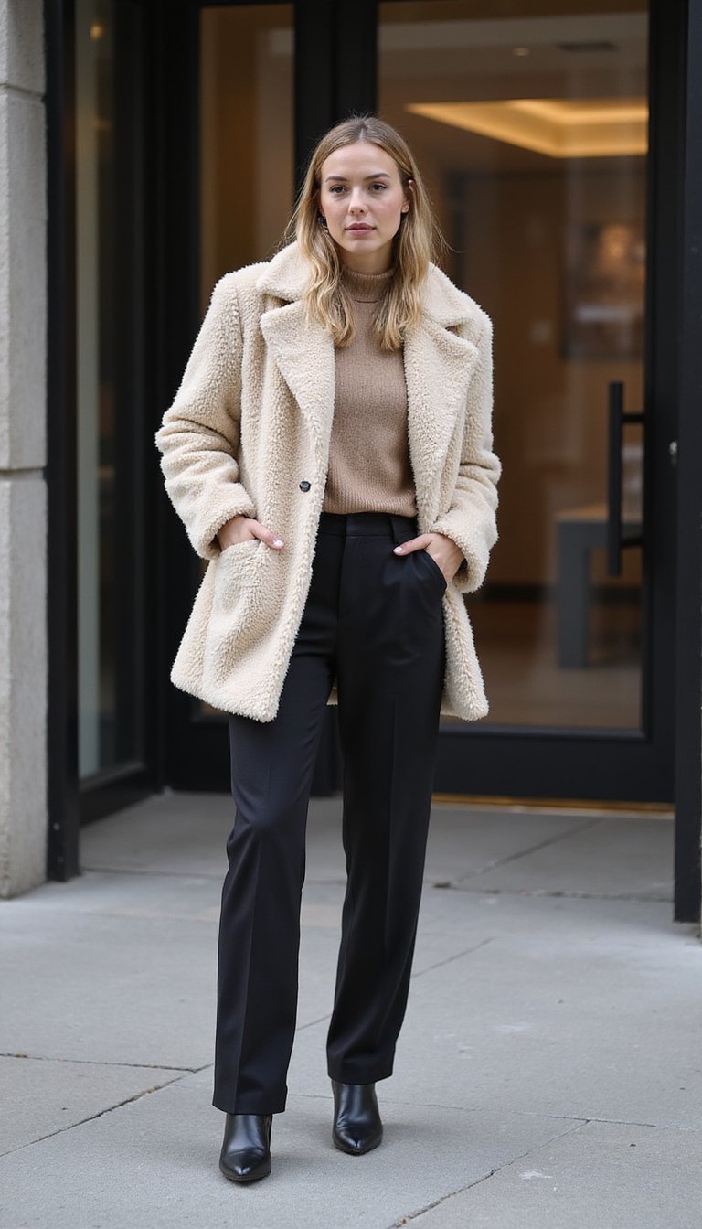 Manteau Teddy Douillet Et Pantalon Tailleur