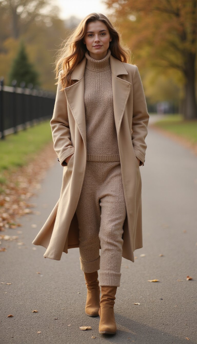 Nuances De Beiges: Robe Maille Et Manteau