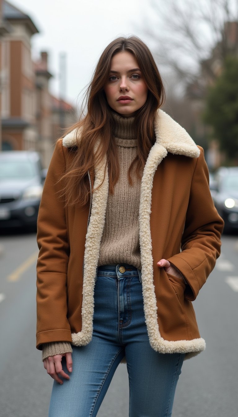 Veste Peau Moutonnée Et Jeans Taille Haute