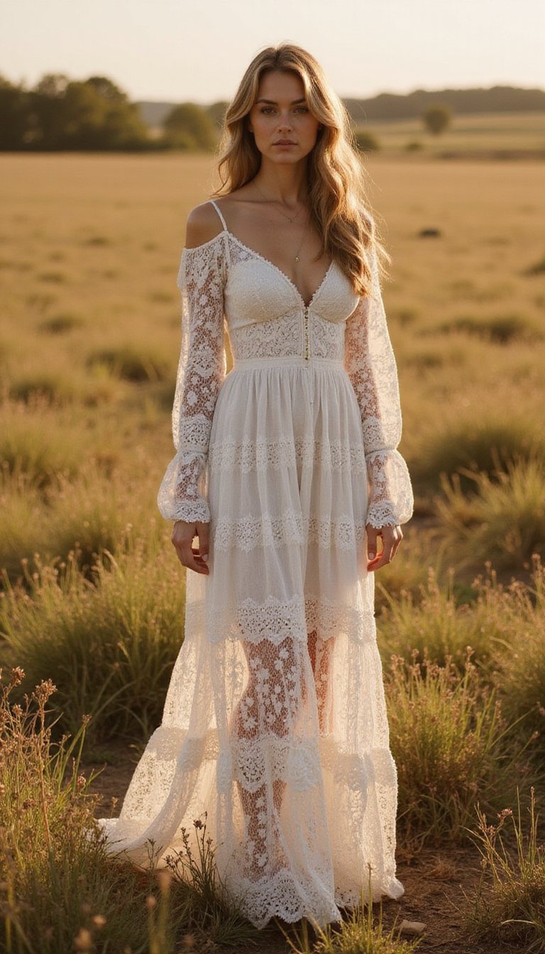 Robe Longue Bohème En Dentelle Et Manches Longues