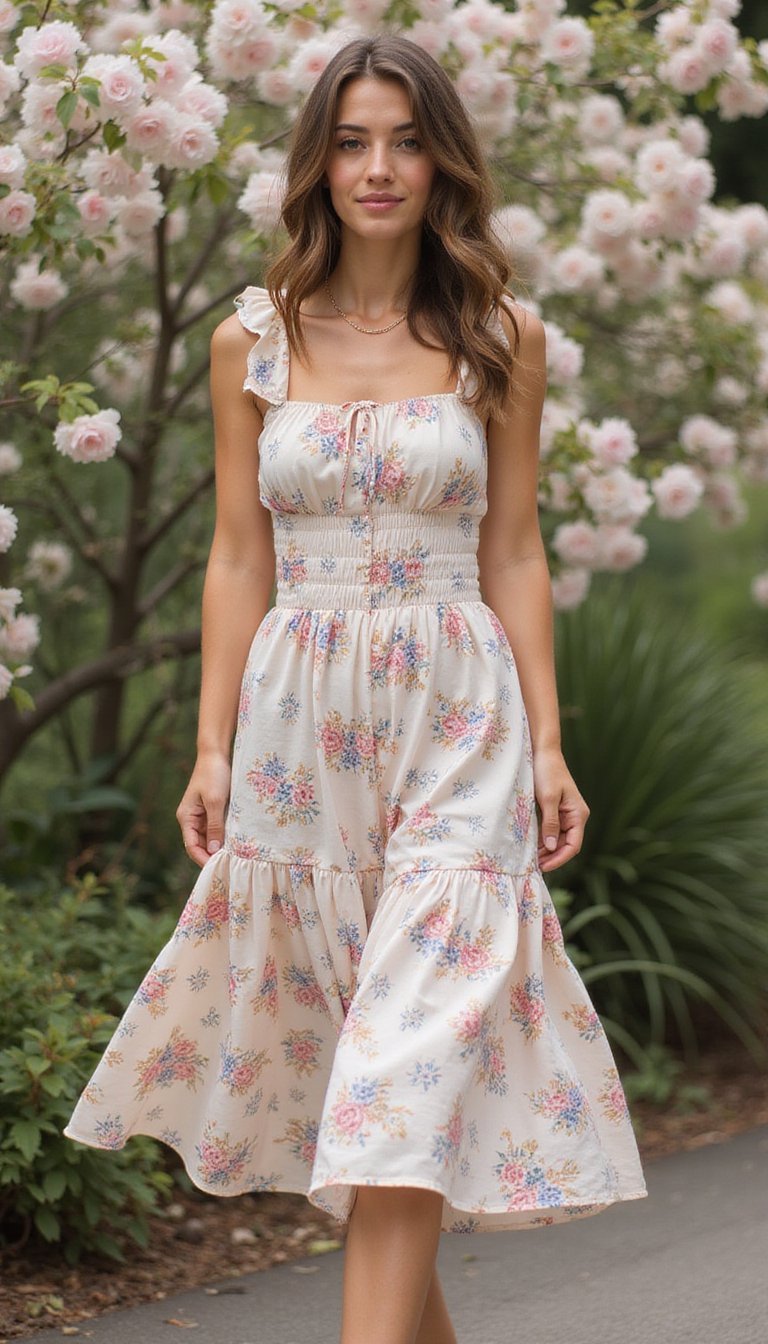 Robe Midi Fleurie Et Taille Marquée Romantique