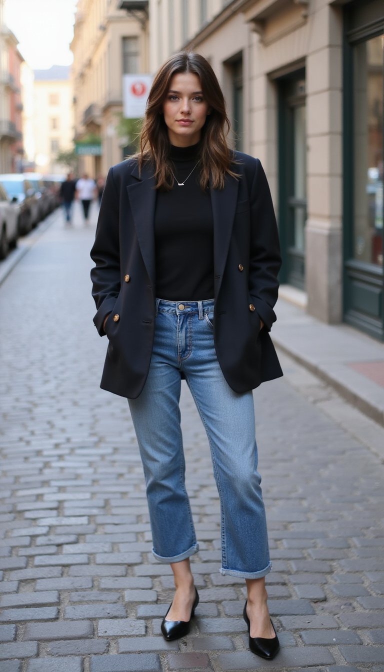 Jean Droite, Blazer Oversize Et Ballerines Chic