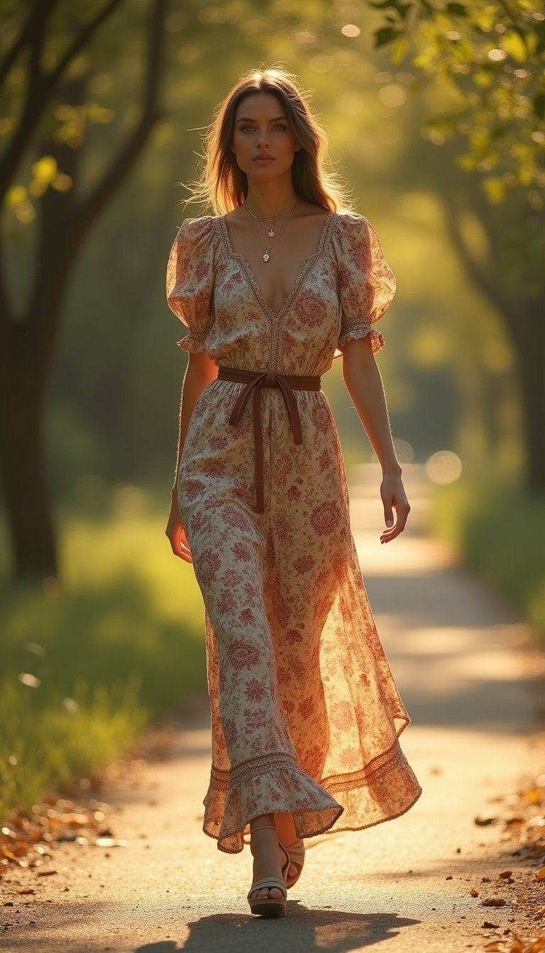 Robe Maxi Bohème À Manches Bouffantes Et Ceinture